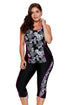 Sexy Carved Flowery Print Black Tankini and Capris Set